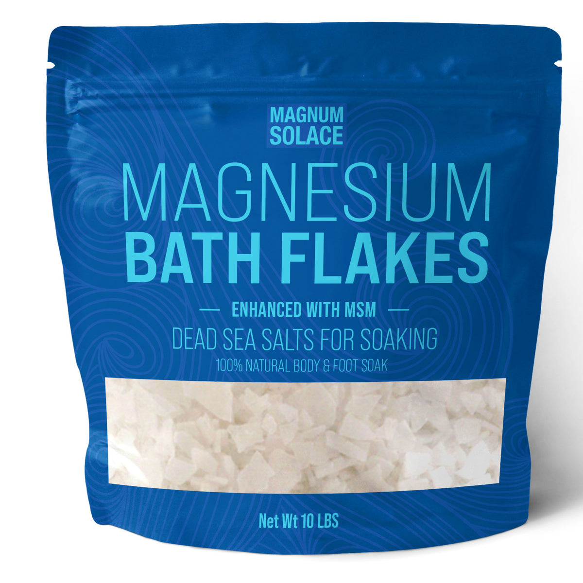 Magnum Solace magnesium bath flakes with MSM in a 10-pound resealable pouch