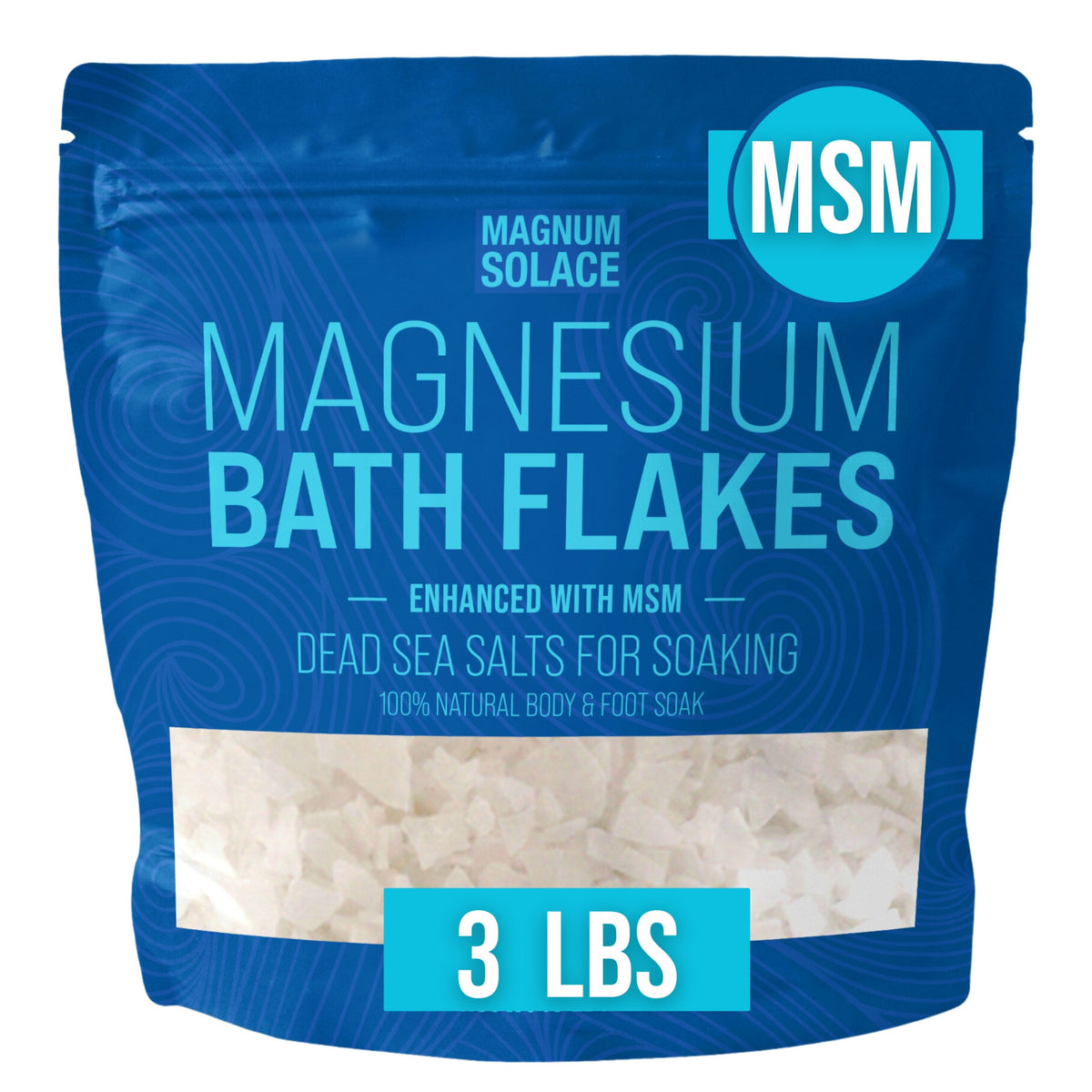 Magnesium bath flakes with MSM in a 3 lb blue pouch, with salt crystals visible through a clear window.