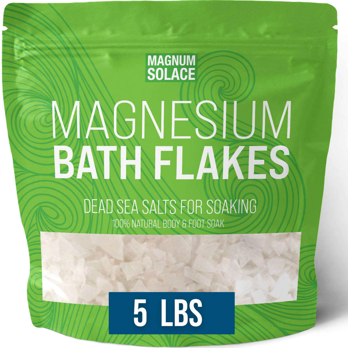 Magnesium bath flakes in a green 5 lb resealable pouch with a clear window showing white flakes.