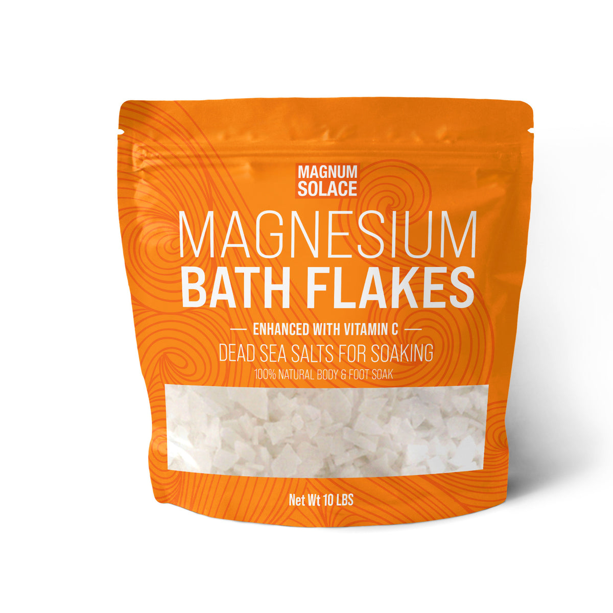 Magnesium bath flakes in an orange 10 lb pouch with a clear window showing white crystals; vitamin C added.