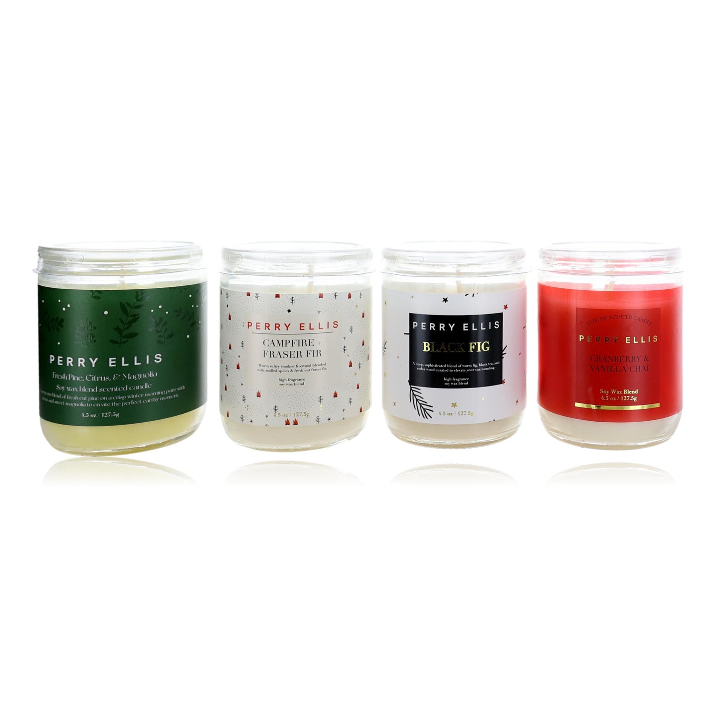 4-piece variety candle set with four labeled glass jars in green, white, cream, and red