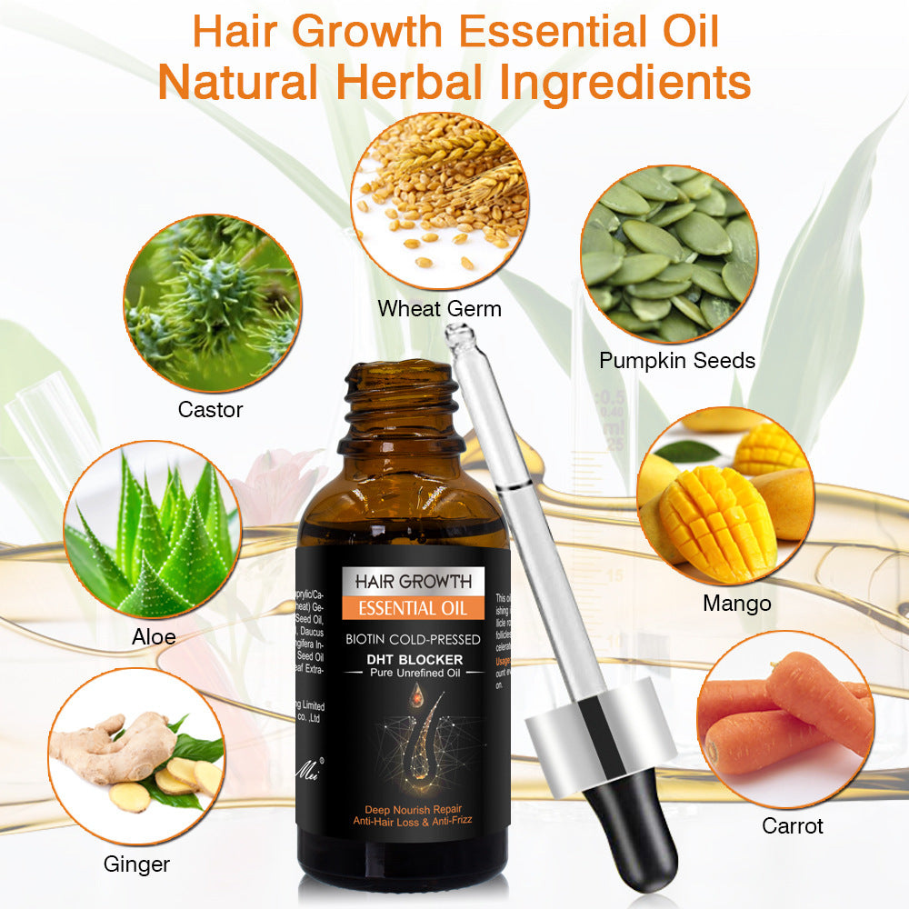 Hair growth essential oil bottle with natural ingredients displayed around it
