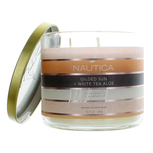 Nautica 3-wick soy wax candle in glass jar with gold lid and label