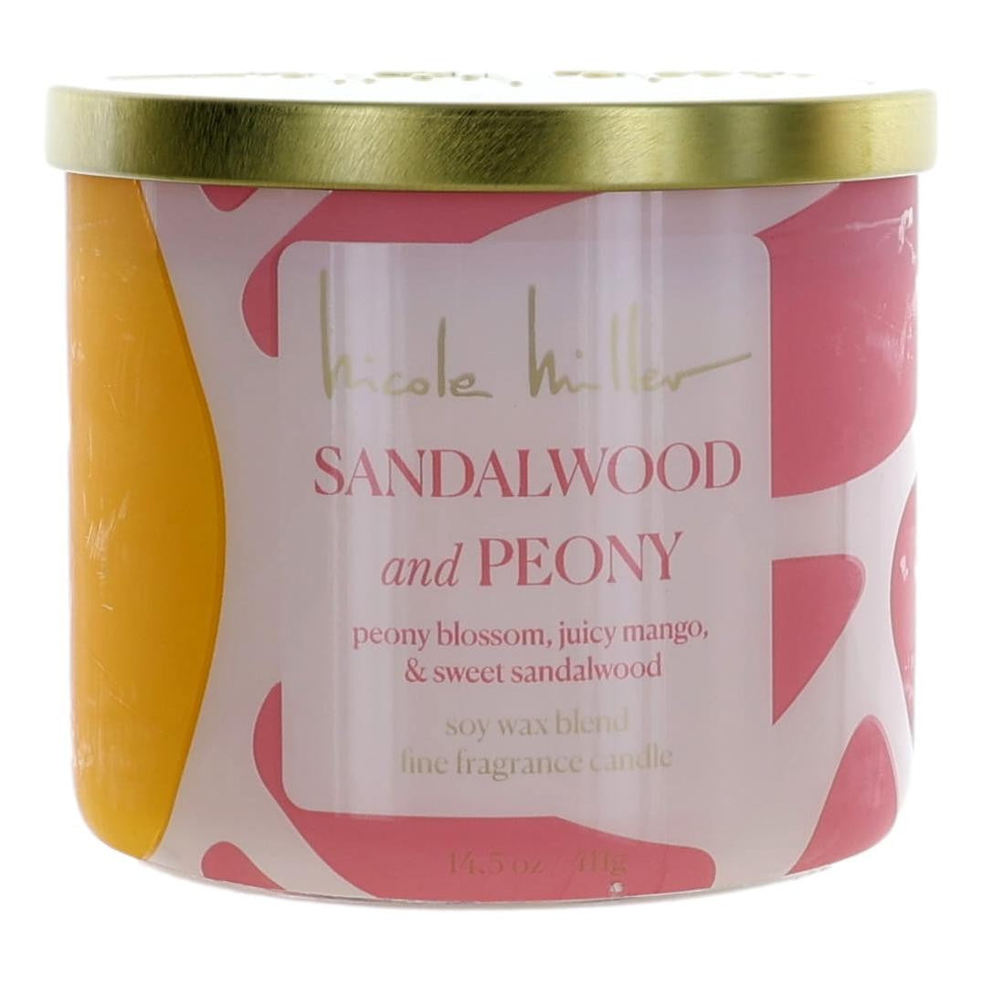 Gold-lidded soy wax candle jar with pink-and-white label, Sandalwood and Peony.