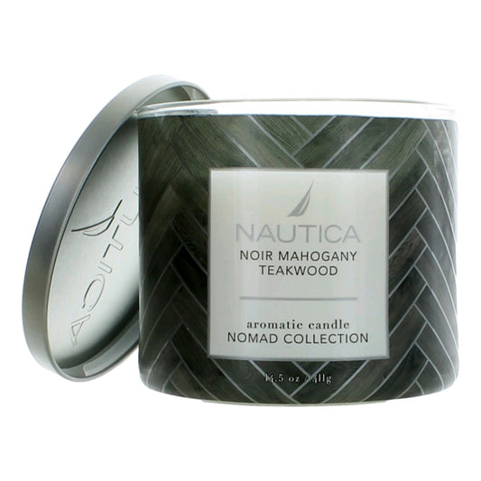 Nautica Noir Mahogany Teakwood scented candle in dark green patterned glass with lid
