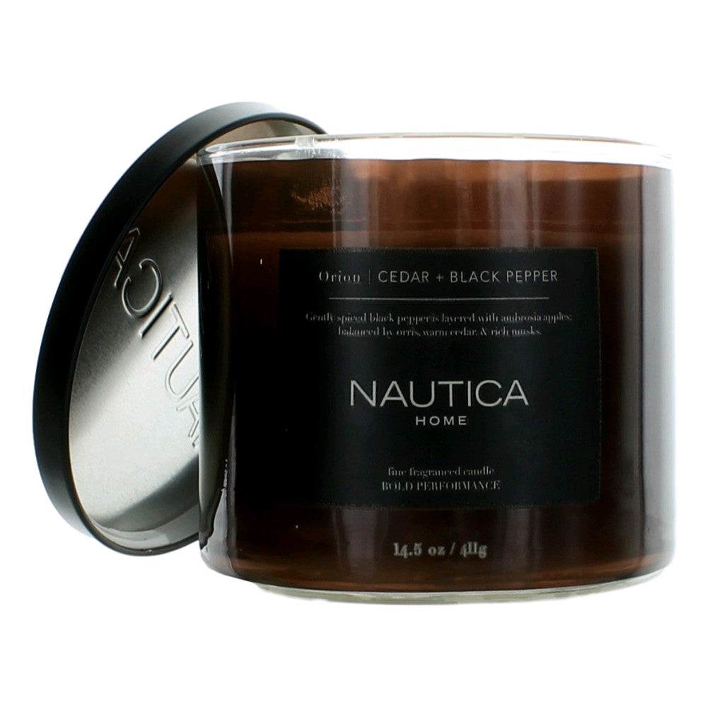 Nautica three-wick soy wax candle in amber glass jar with black metal lid