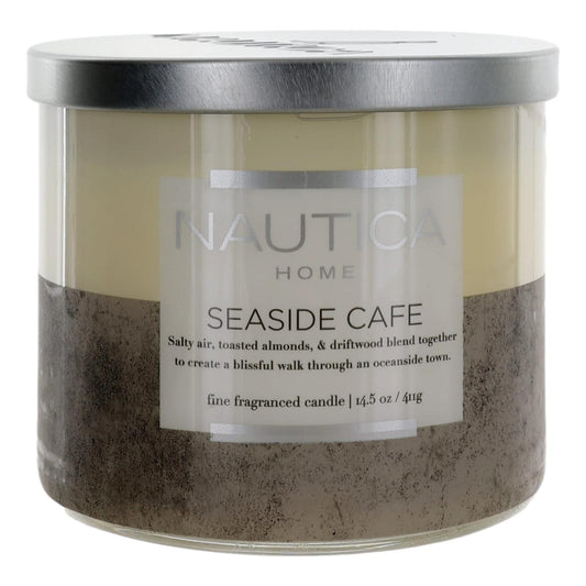 Nautica 3-wick soy candle in frosted glass jar with Seaside Cafe label and silver lid