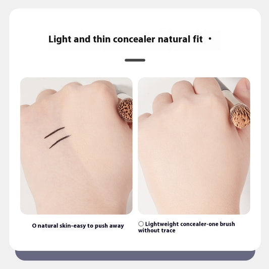 Concealer application on a hand with text highlighting light and thin concealer natural fit.