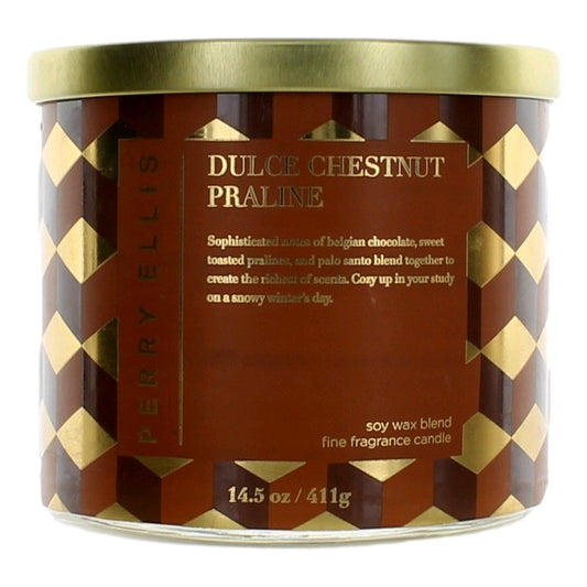 Dulce Chestnut Praline 3-wick candle in brown glass jar with gold diamond label
