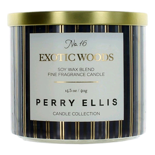 Soy wax blend candle in glass jar with gold-and-black stripes, Exotic Woods label