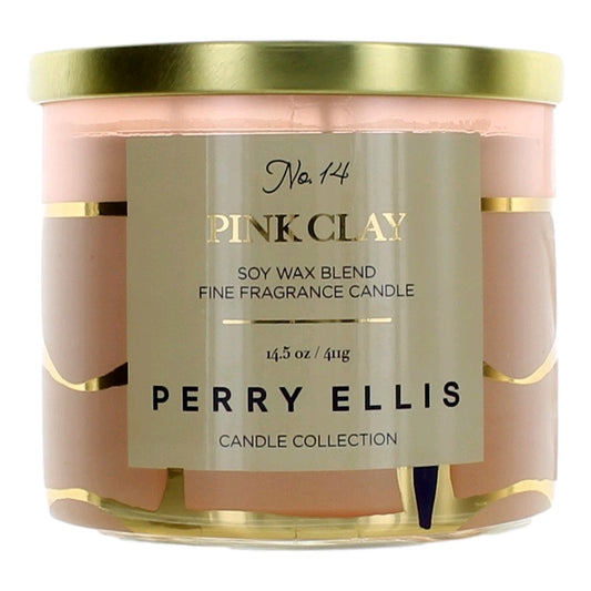 Pink clay soy wax blend candle, pink jar with gold lid and Perry Ellis label