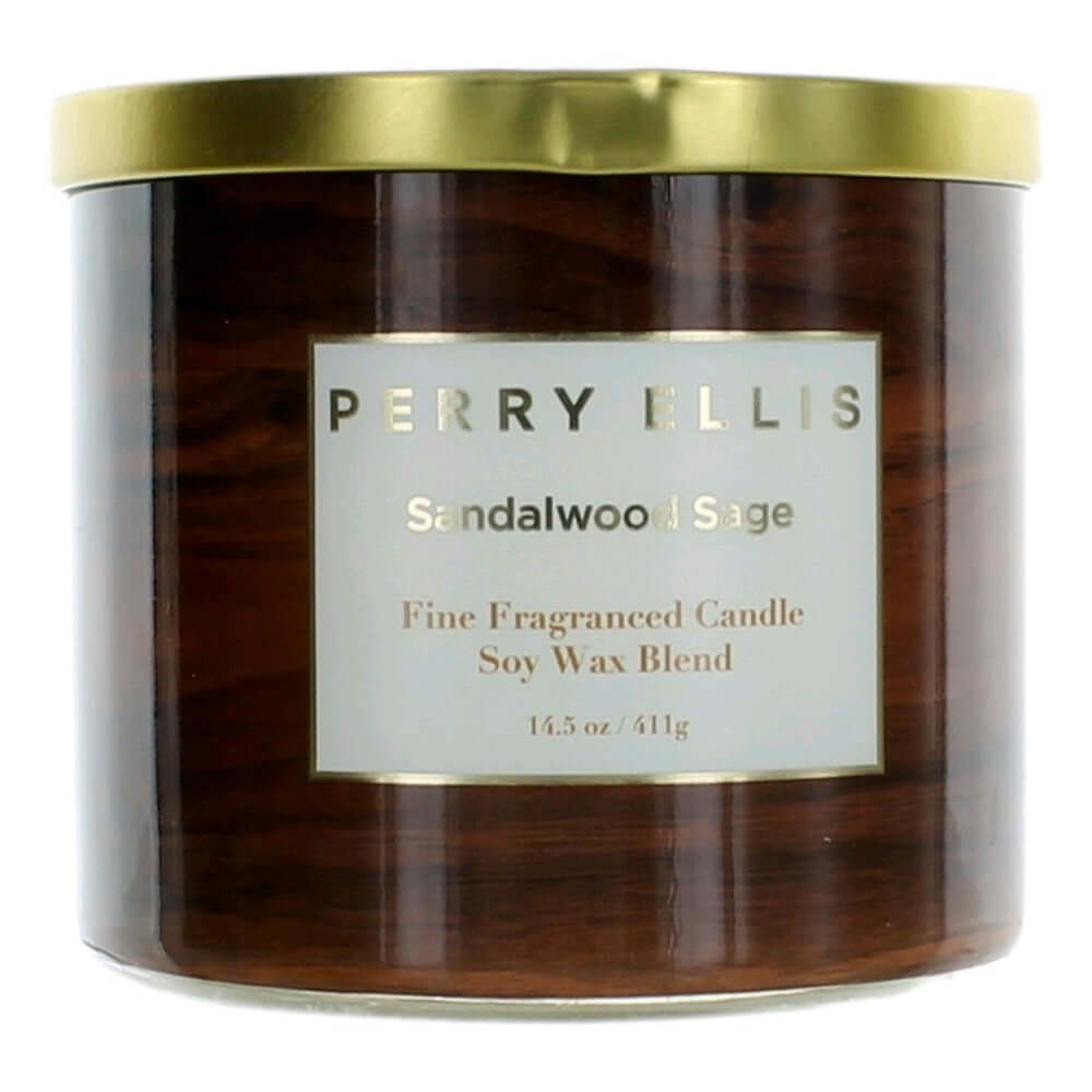 Soy wax blend 3-wick candle in brown glass jar, Sandalwood Sage label