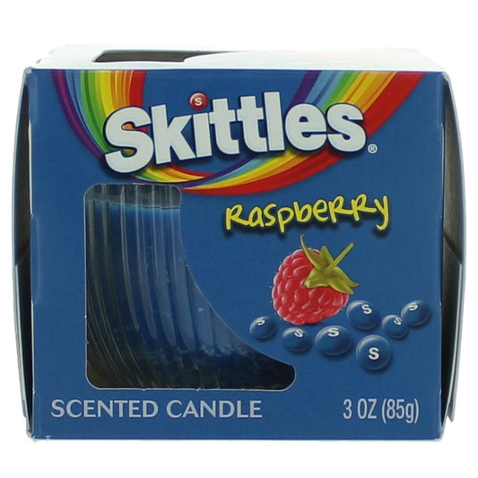 Skittles scented candle jar in raspberry design with fruit graphic and 3 oz label