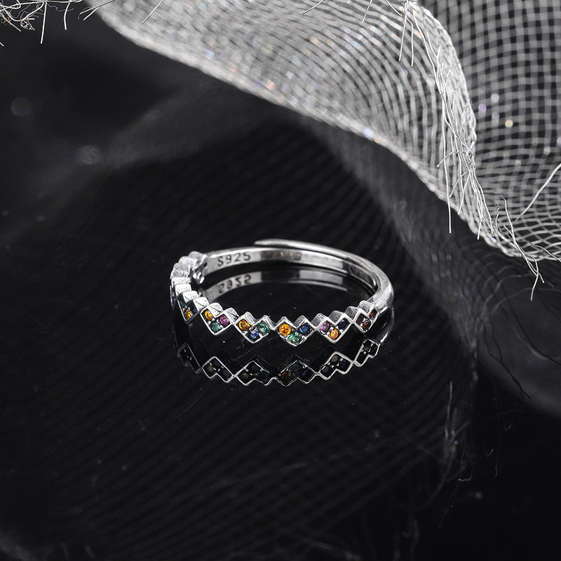 S925 Sterling Silver Colorful Zircon Love Ring Female Vintage Thai Silver
