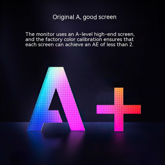 Colorful 'A+' logo with text about monitor screen quality on a dark background