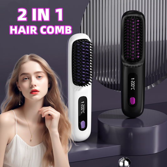 2 In 1 Straight Hair Comb Wireless Hair Straightener Brush Hair Fast Heating Portable Hot Curler USB Charging - Ectron Online