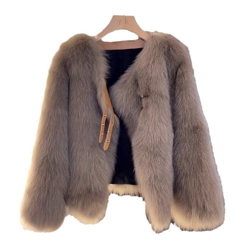 Faux fur short button top, cocoa-brown, front buttons, V neck
