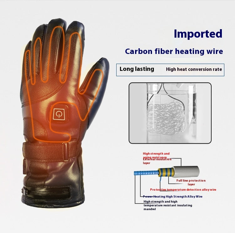 Heated motorcycle gloves with carbon-fiber heating wire panel, brown and black