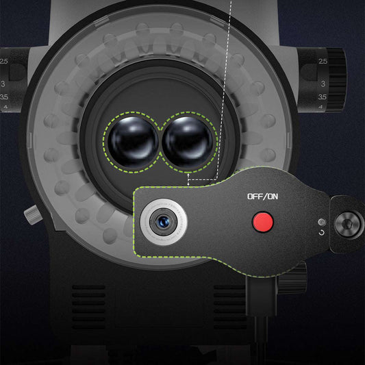 Close-up of a camera lens and control panel with 'OFF/ON' switch on a dark background