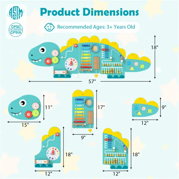 Product dimensions chart for a dinosaur toy with various features and recommended age group.
