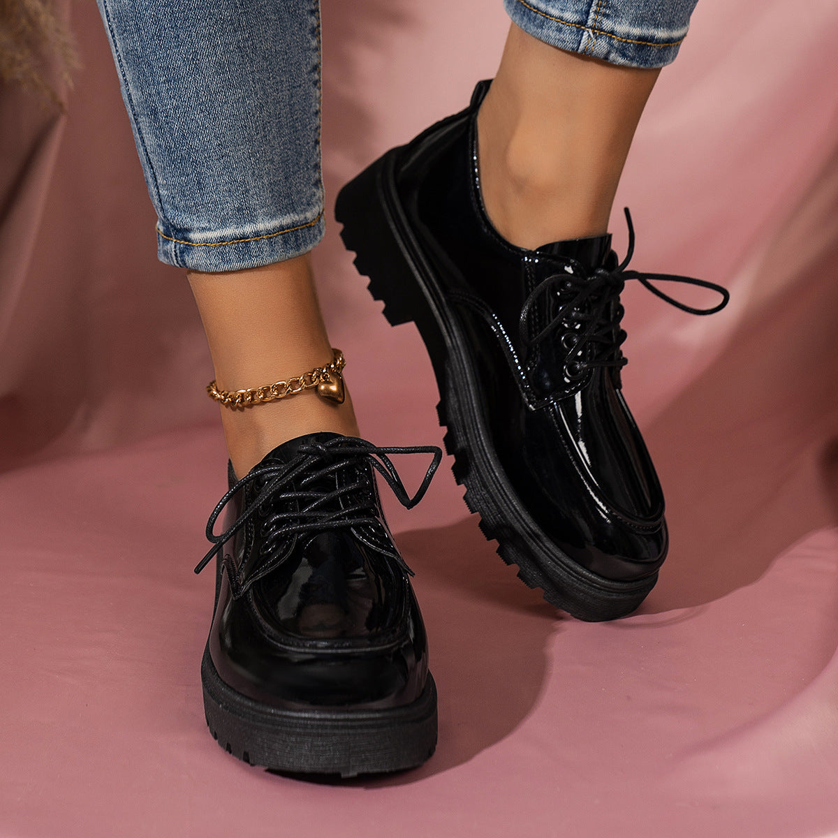 Retro Big Toe Lace-up Small Leather Shoes Women's Thick Sole Height Increasing