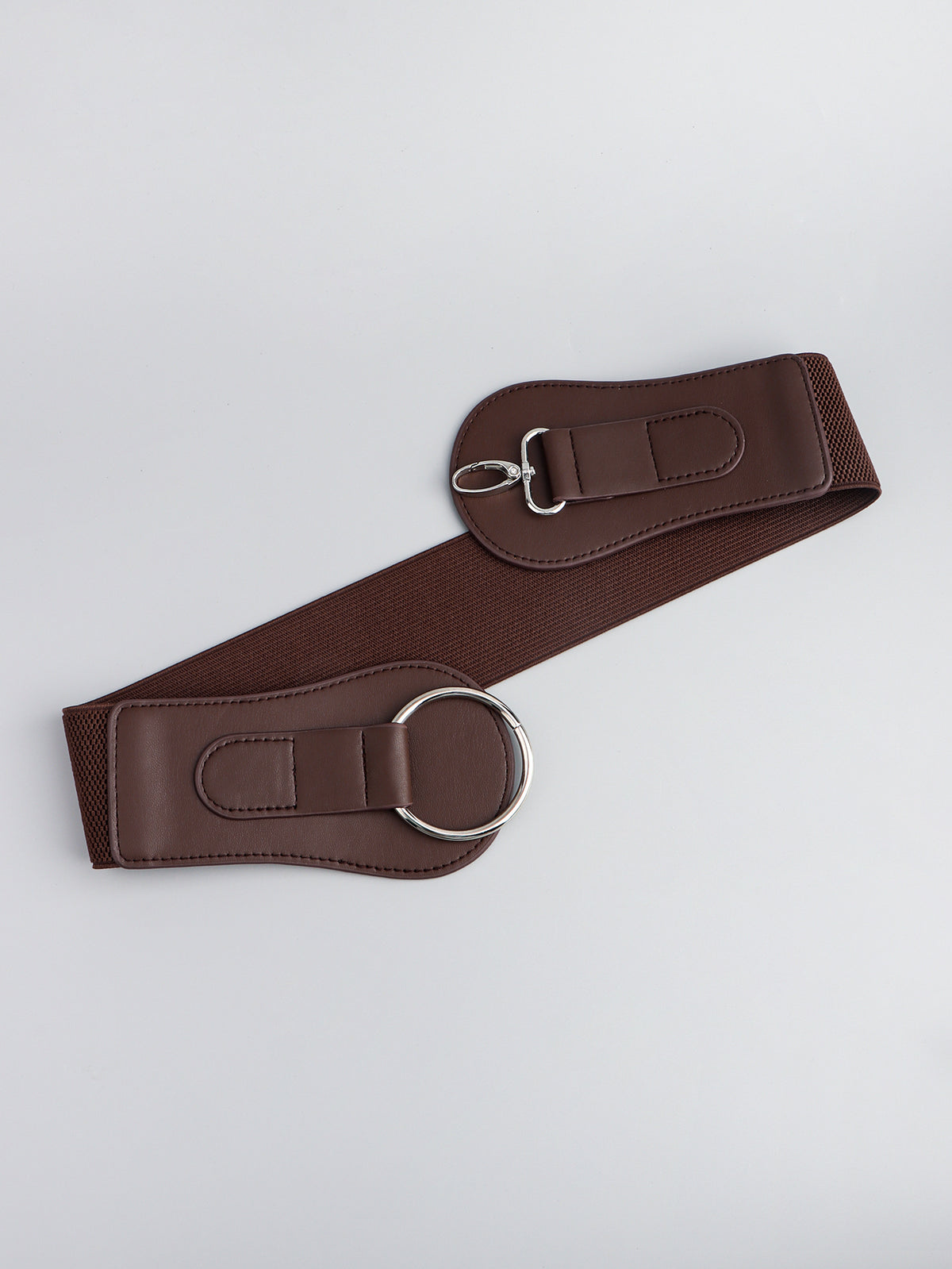 Wide PU elastic belt in dark brown, showing two ends and oval ring buckle