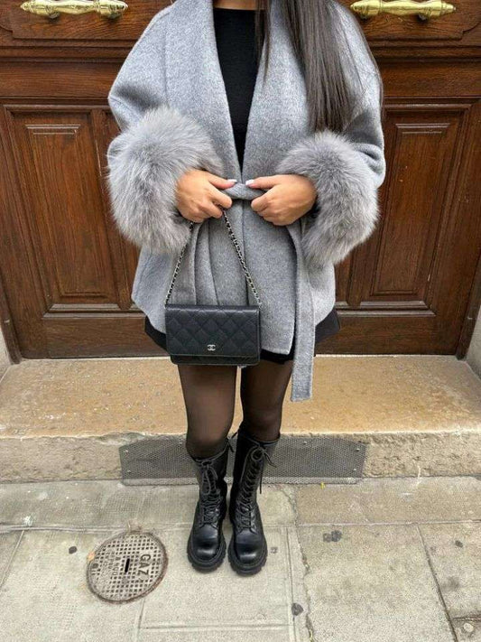 Furry Sleeves Long Coat - Elegant Warm Overcoat Style Furry Sleeves Overcoat Long Coat | Ectron Online