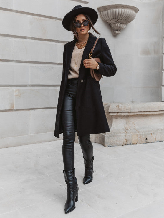 Stylish Mid Length Wool Coat - Solid Color Outerwear & Jackets | Ectron Online