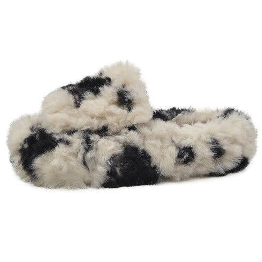 Spot Pattern Fluffy Slippers – Warm, Soft & Thick Bottom