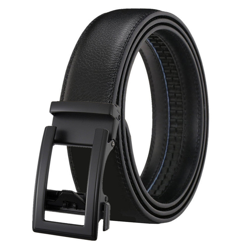 Men's Leather Belt Automatic Buckle Two-layer Cowhide Hollow in black with sleek design and automatic buckle.