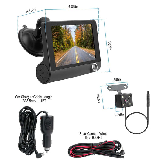 1296P 3-Lens Car Dash Cam - Front, Interior & Rear DVR Recorder 1296P Car DVR Dash Camera 4In 3 Lens Veh | Ectron Online