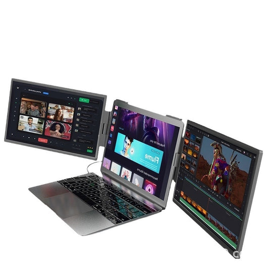 A 14-inch dual-screen portable monitor laptop with an external expansion screen, displaying multiple applications on each screen.
