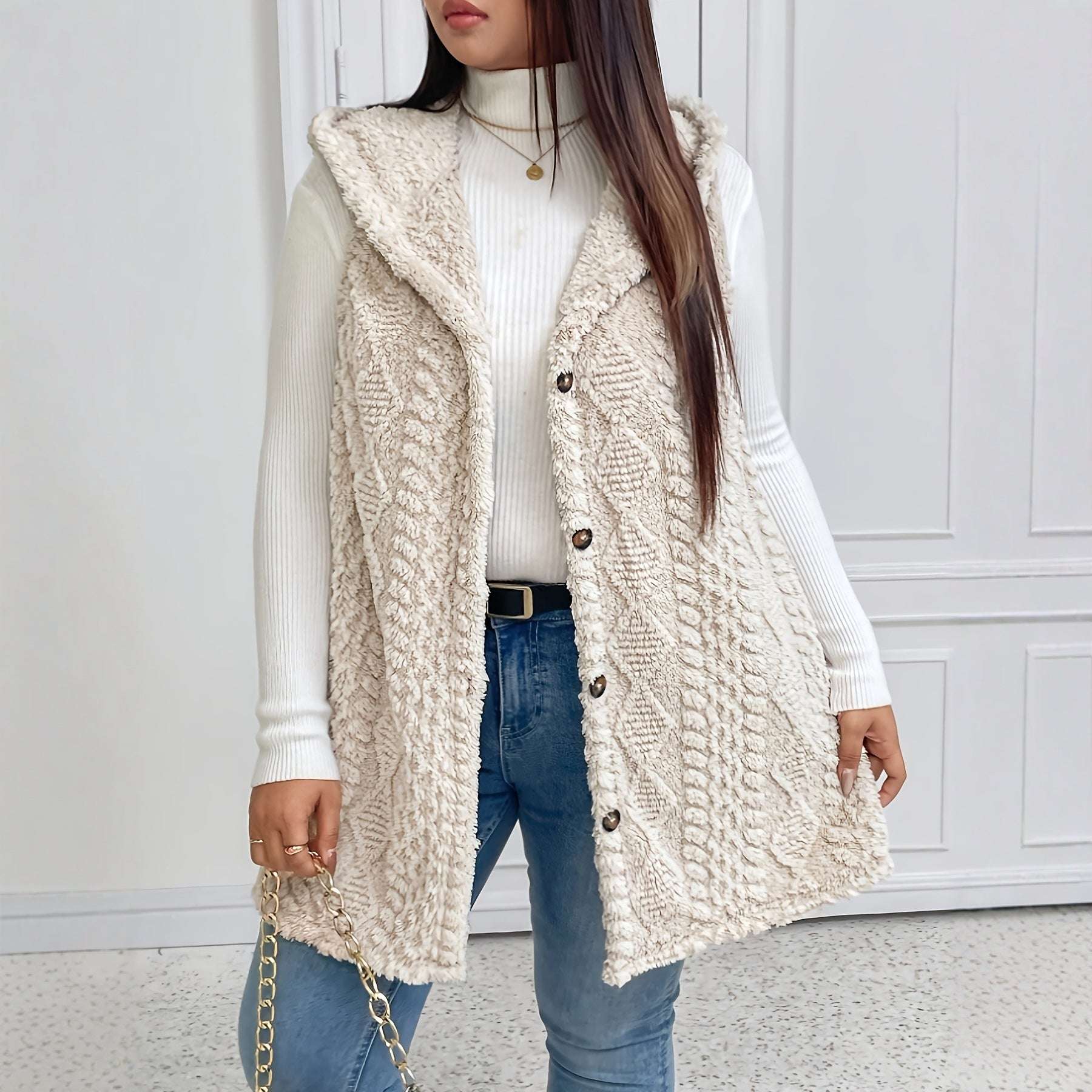 Person wearing a beige knitted vest over a white sweater and blue jeans against a white wall.