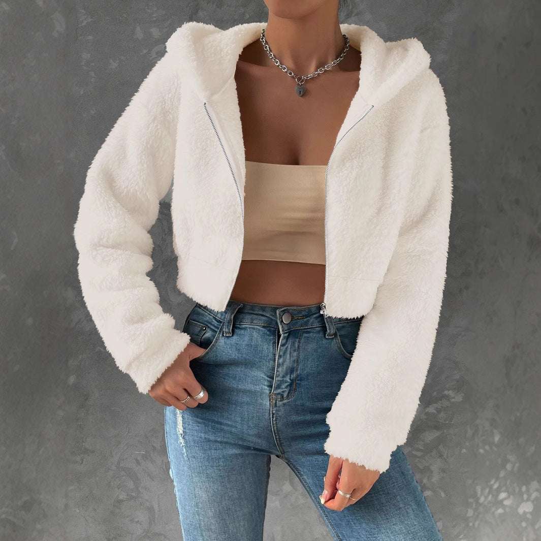 Women's Casual Short Fleece Hooded Jacket