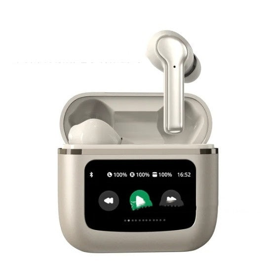 Wireless earbuds with charging case on a white background