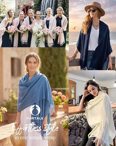 Women's soft wrap shawl scarf with fringe, shown in blue, navy, and cream