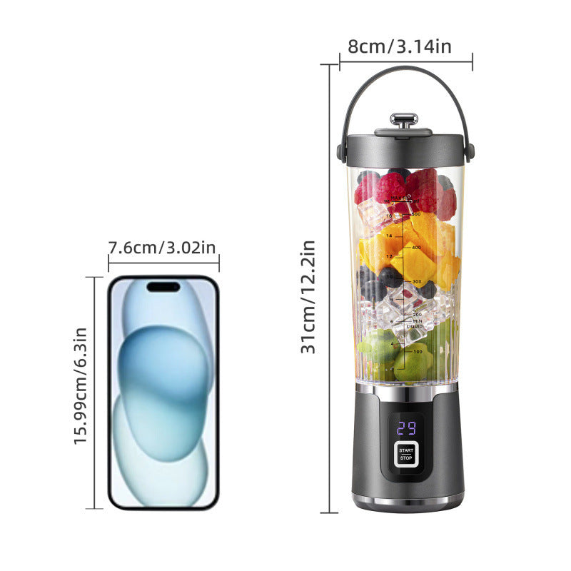 Wireless juicer cup with clear container and gray base; control panel and top handle shown.