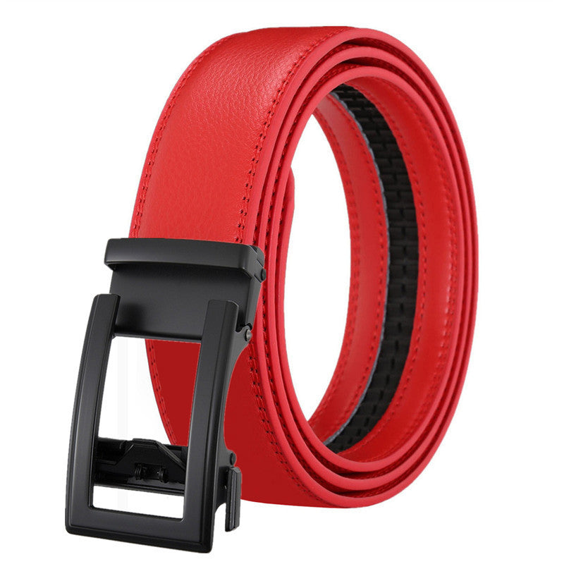 Men's Leather Belt Automatic Buckle Two-layer Cowhide Hollow in red with a sleek automatic buckle design.