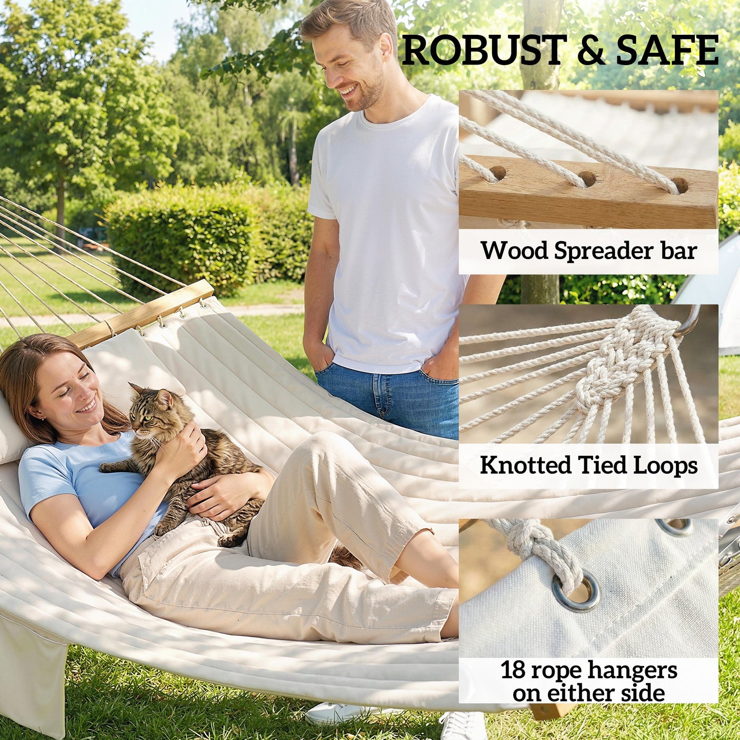 Cream hammock with knotted tie loops, rope hangers, and wooden spreader bar