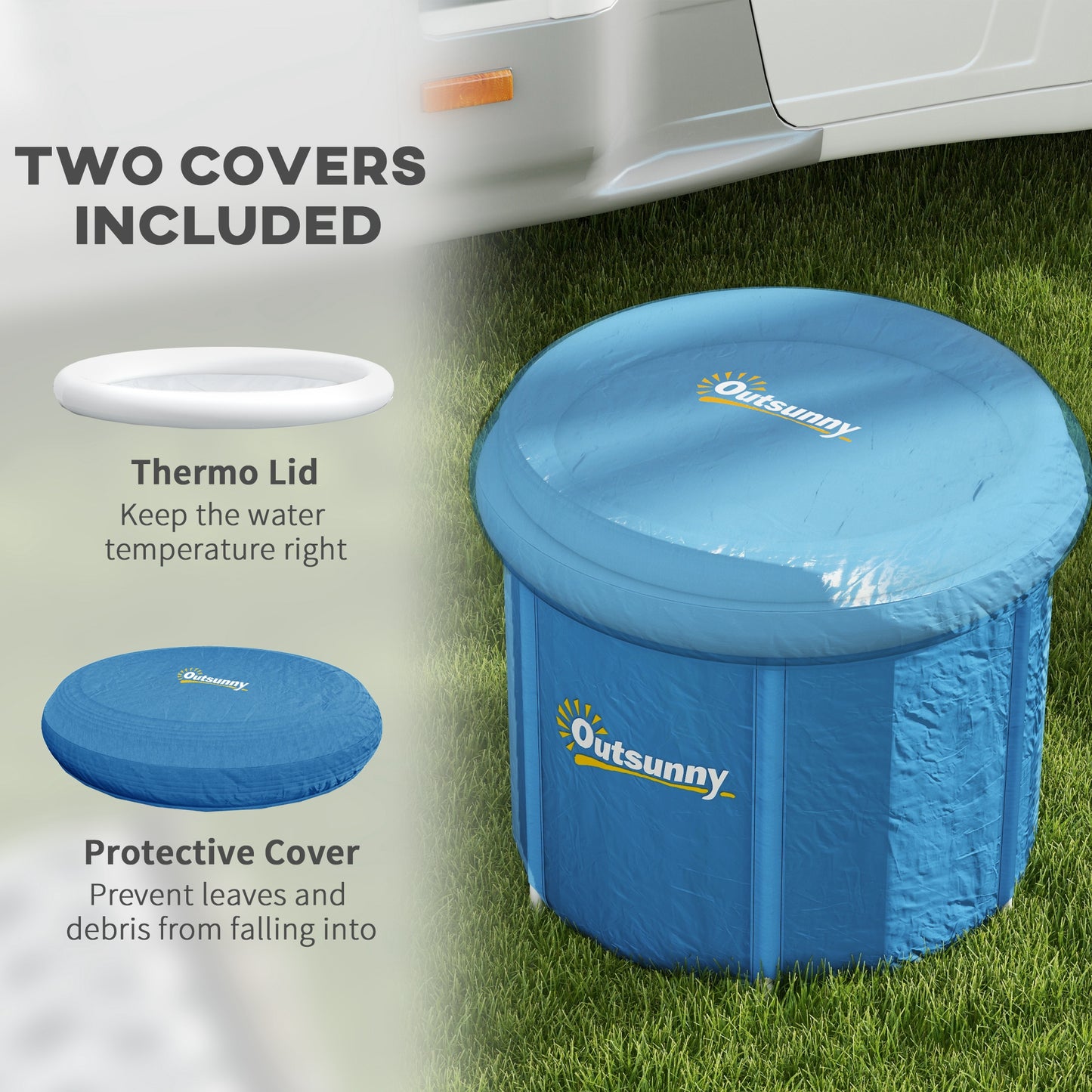 Blue cold plunge tub with two covers included: thermo lid and protective cover