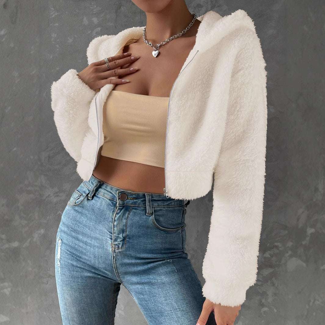 Women's Casual Short Fleece Hooded Jacket