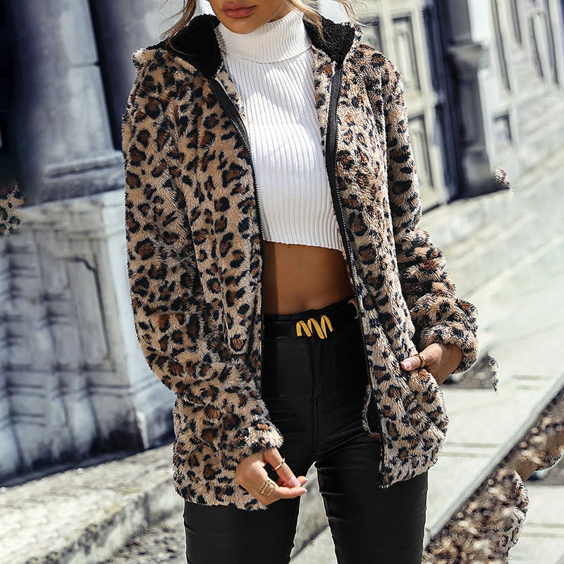 Women's Fuzzy Leopard Jacket | Hooded Plush Zip-Up Winter Coat