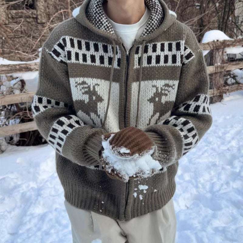 Jacquard Christmas Zipper Idle Style Cardigan Knitted Coat