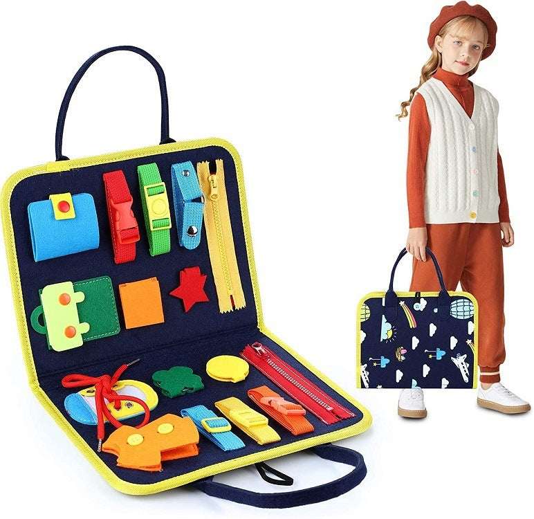 Colorful educational toy set in a carrying case with a child holding a similar bag.