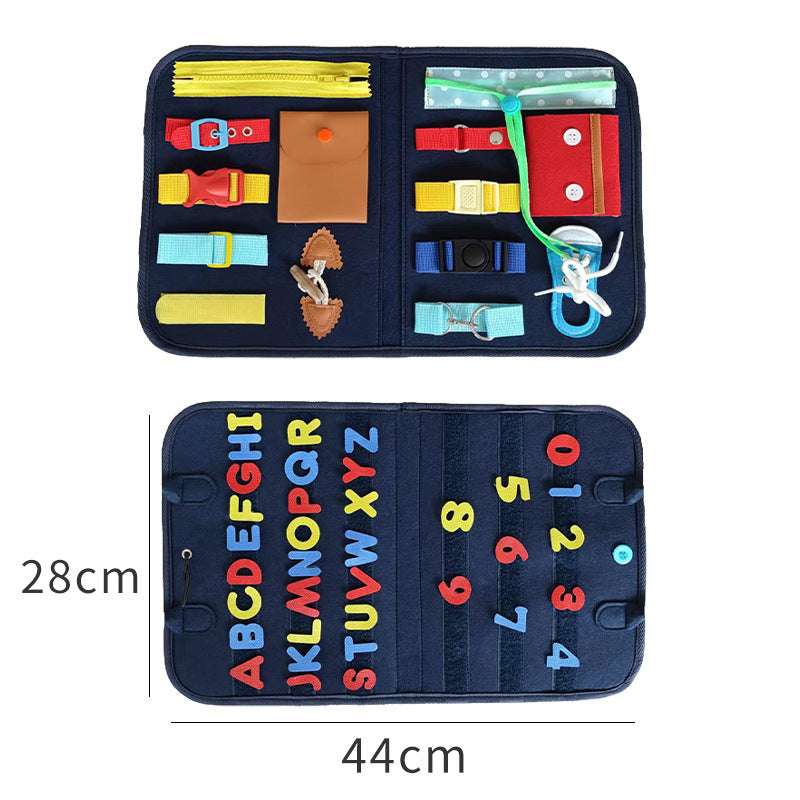 Children's educational tool with compartments and letters and numbers on a blue background