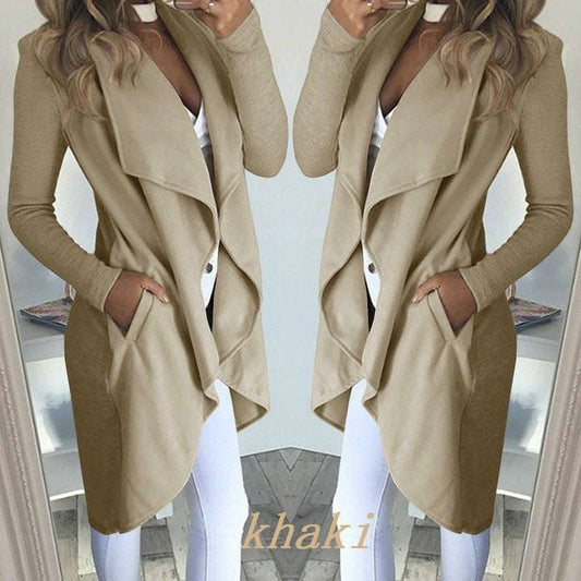 Women's Plus Size Solid Color Polo Collar Slim Fit Long Trench Coat
