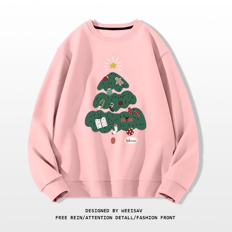 Pink sweatshirt with a green Christmas tree design on a white background