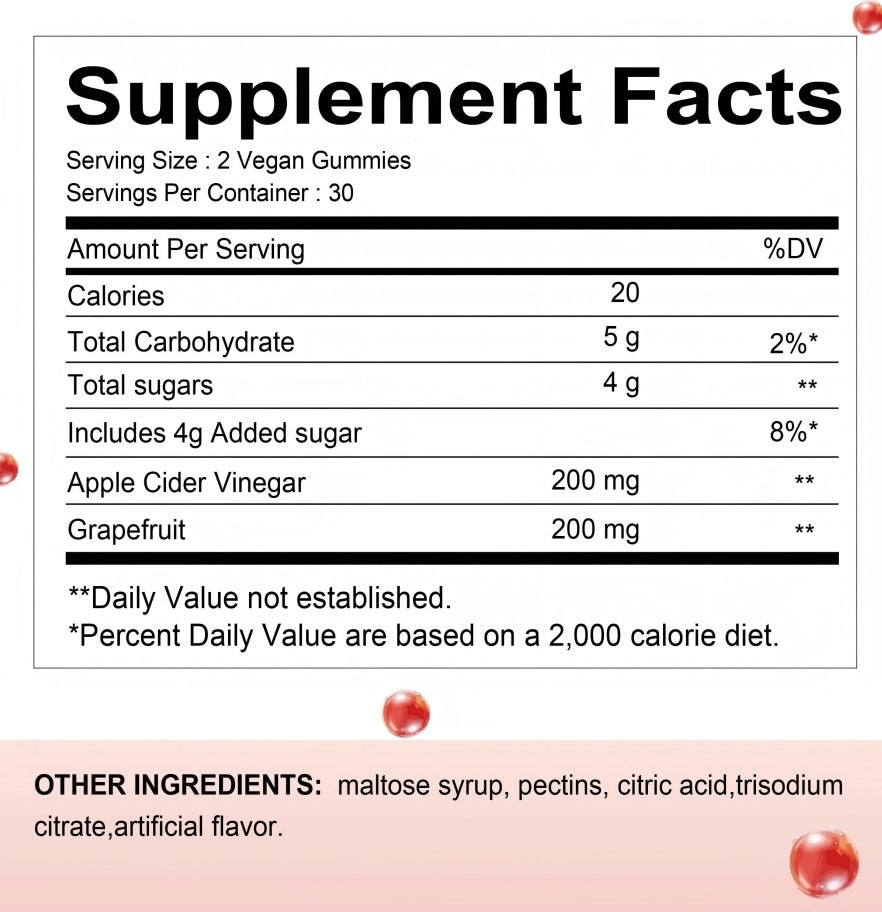 Supplement Facts label for vegan gummies: apple cider vinegar and grapefruit amounts listed.
