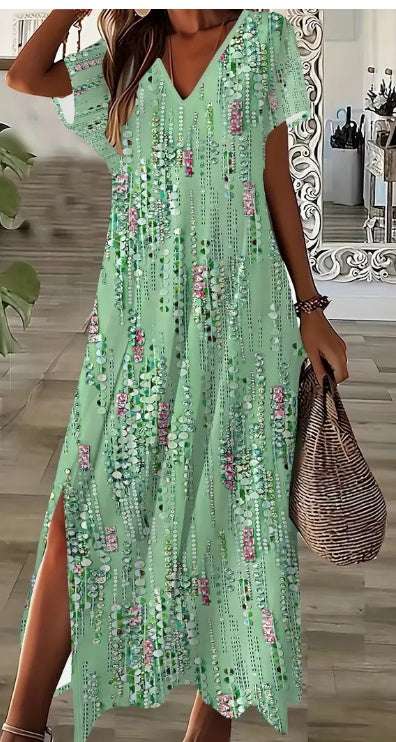 Stunning Floral V-Neck Dress - 3D Printed, Split Hem, Loose Fit, All Seasons, Adult Size, Elegant And Comfortable For Women