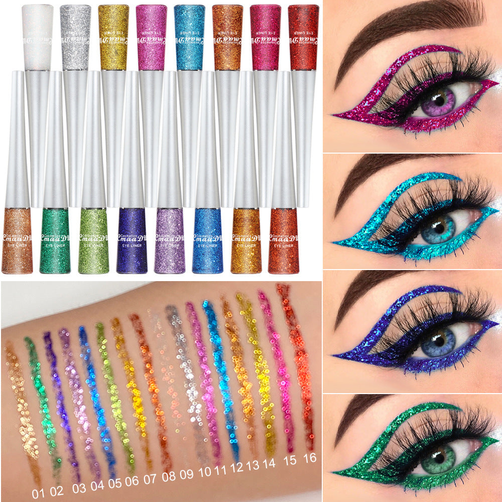 Collage of glittery eyeliner pens with color swatches and eye makeup application.